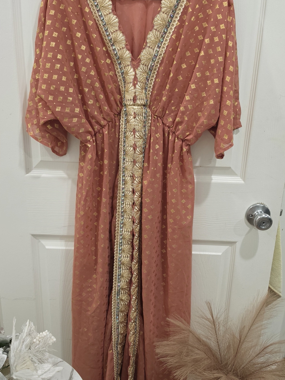 Peach Kaftan Dress with Gold Embroidery and Sequins